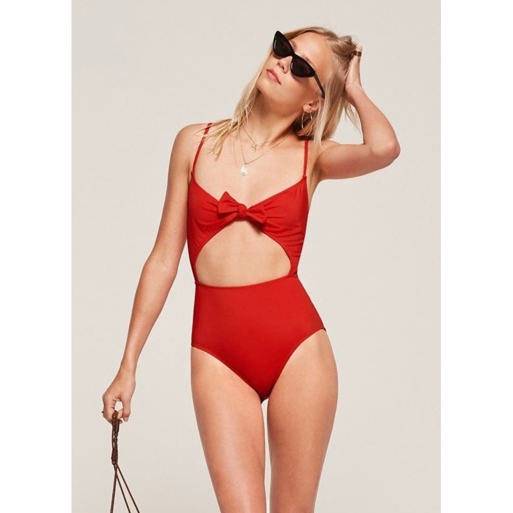Reformation One Piece Swimsuit Cutout Bow Front Red Medium